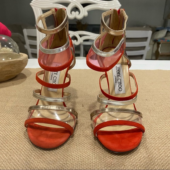 Jimmy Choo MaiTai Sandals Leather Clear Transparent Orange Sz 35 Strappy Heels - Picture 4 of 9